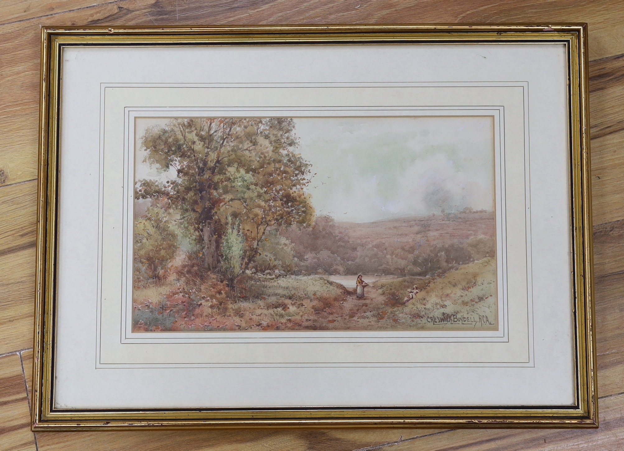 Creswick Boydell (Exh.1889-1916), watercolour, Figures on a country path, signed, 20 x 34cm